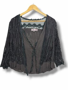 Pretty Angel Lace Tie Front Top Large Gray Boho Fairy Grunge Linen Blend